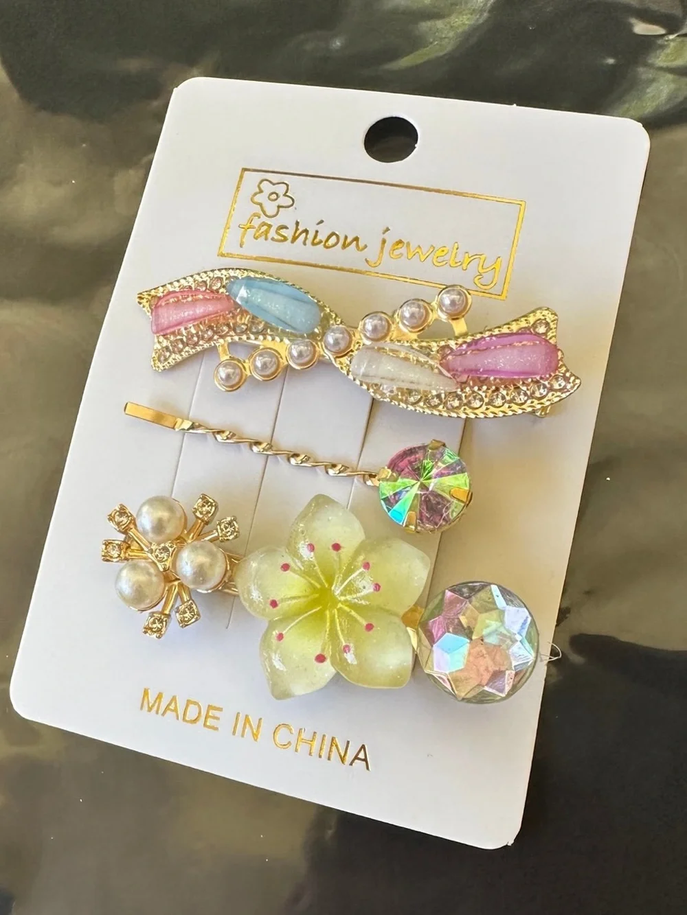 Gold-Tone Floral & Pearl Hair Clip Set - Pink, Blue, Yellow